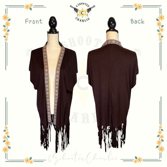 Say What? Brown Fringe Short Sleeve Open Front Cardigan Embroidered Trim Size 1X - Picture 1 of 7